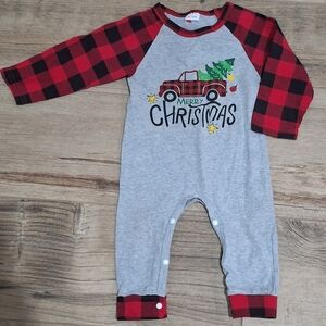 #1766 Synpos Boutique Merry Christmas Plaid& Gray One Piece Romper Sz. 6-12 M